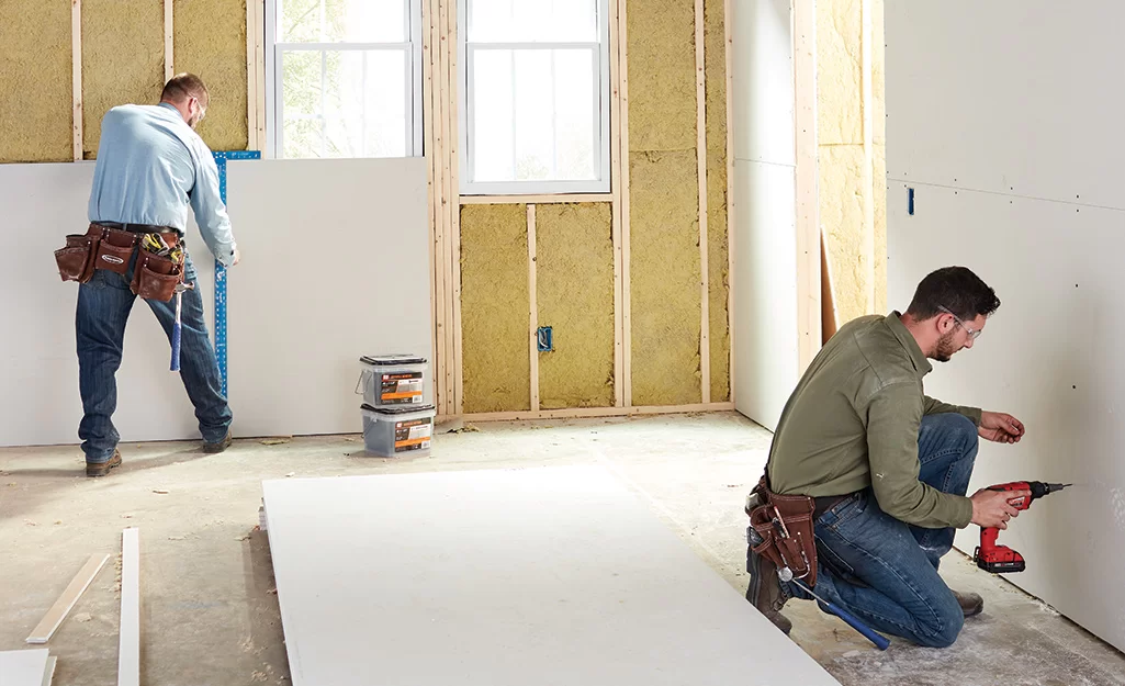 People installing drywall in a home